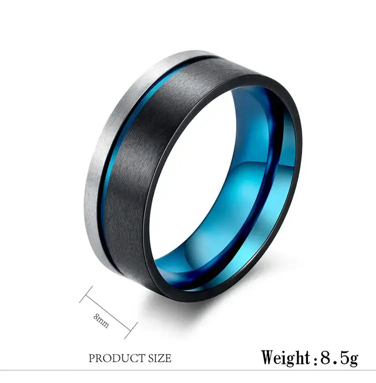 8mm Silver & Black Two Tone Tungsten Ring – Blue Electroplate and Groove Design (Men’s) - Promise Rings
