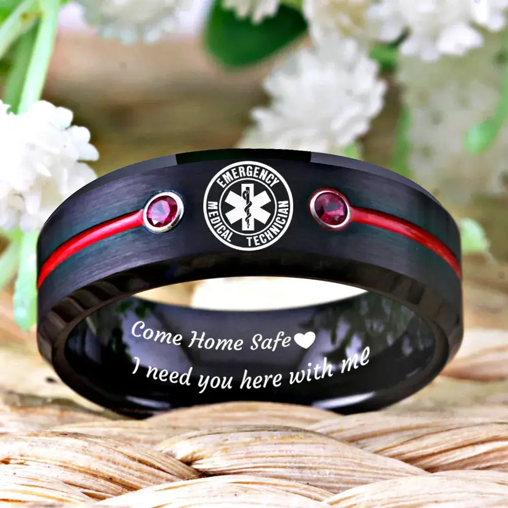 8mm Tungsten Paramedic Medical Design Ring – "Come Home Safe" Engraving (Men’s) - Promise Rings