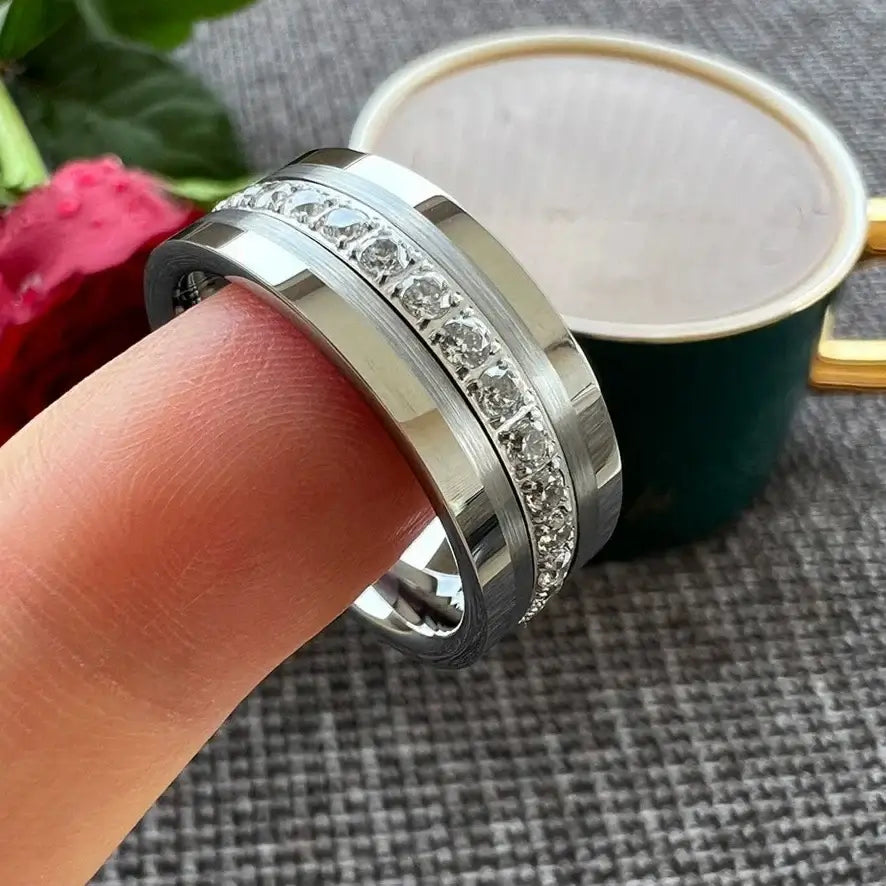 8mm Tungsten Ring – Eternity Cubic Zirconia Stones Inlay Design (Men’s) - Promise Rings