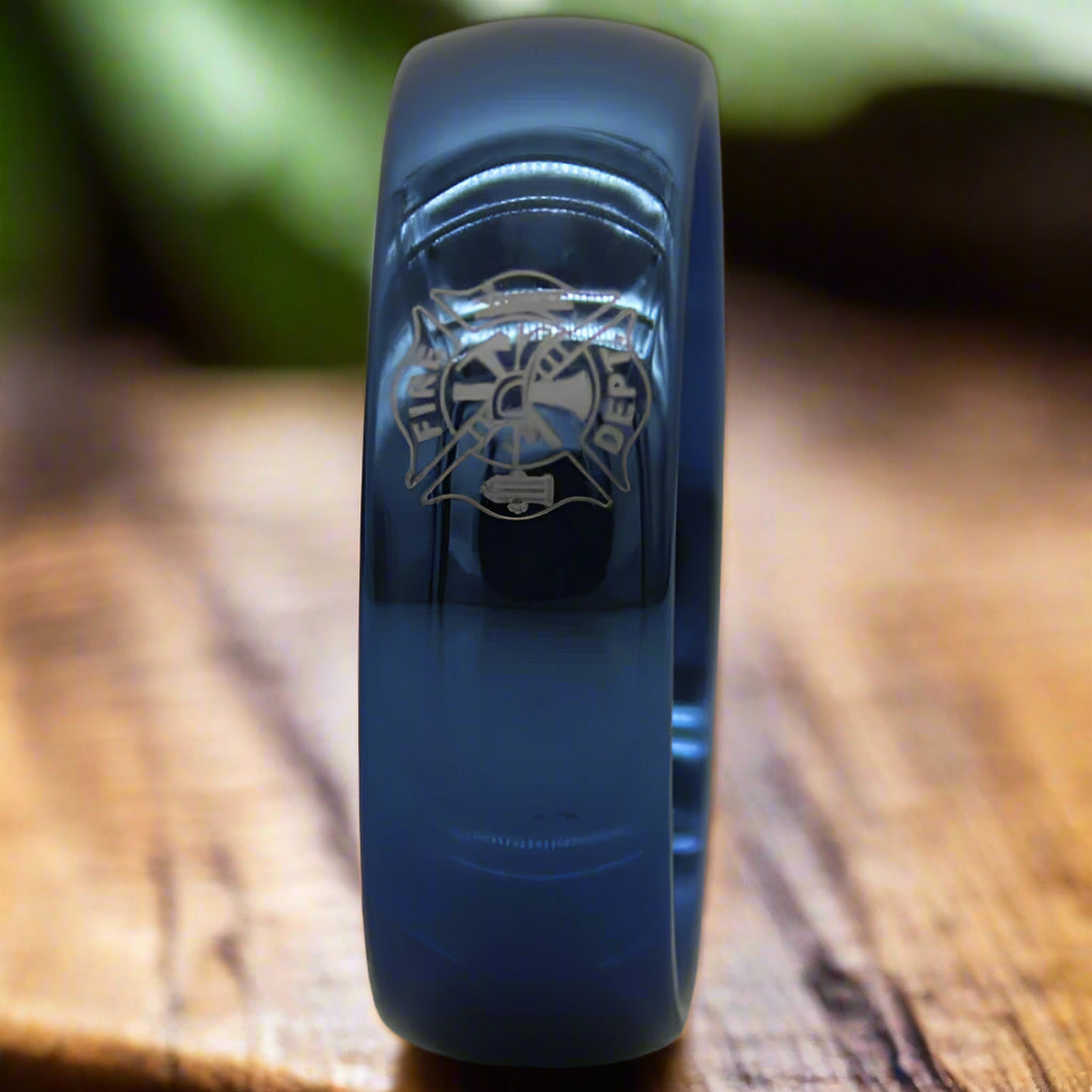 8mm Tungsten Blue Dome Firefighter Ring – Fire Department Tribute and Valor (Men’s) - Promise Rings