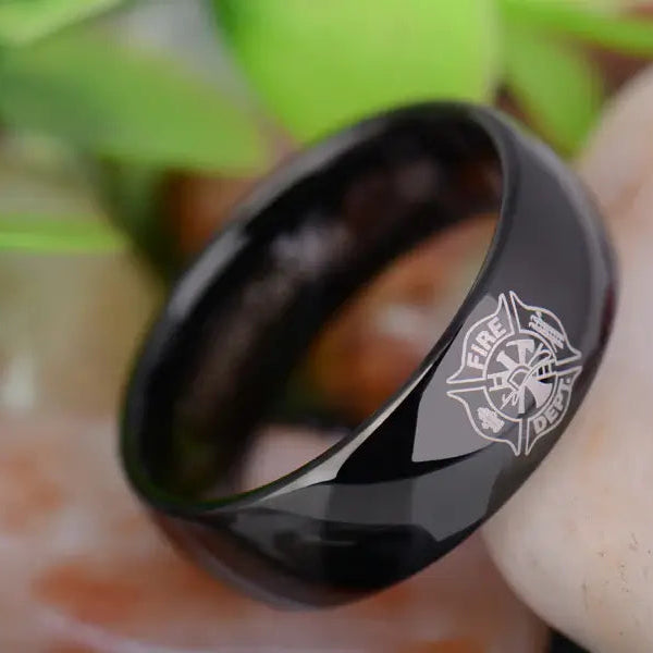 8mm Black Tungsten Firefighter Ring – Classic Shield Design (Men’s) - Promise Rings