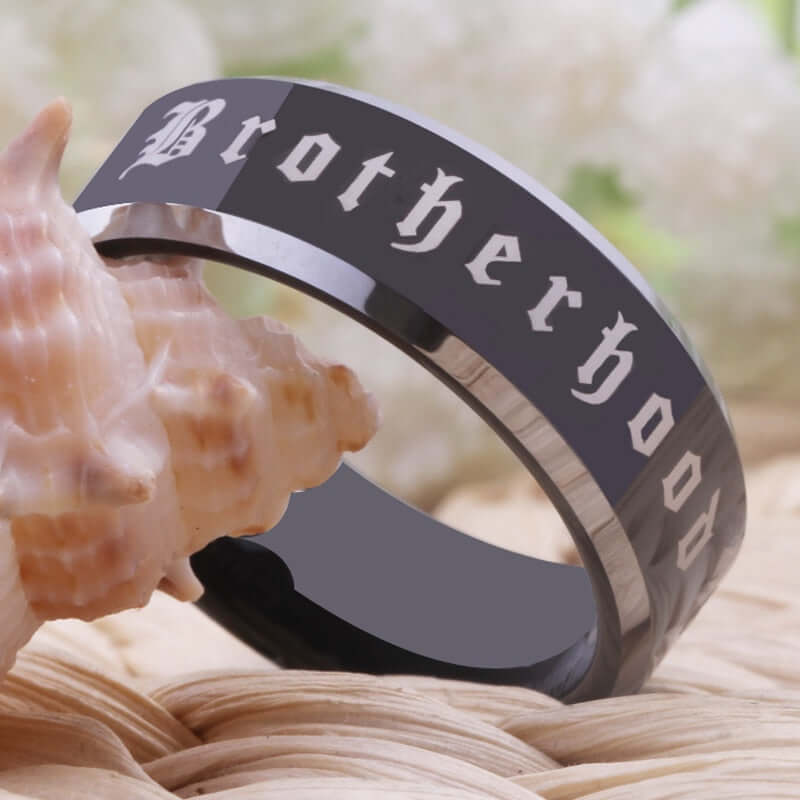 8mm Black Tungsten Firefighter Ring – Brotherhood Script Design (Men’s) - Promise Rings