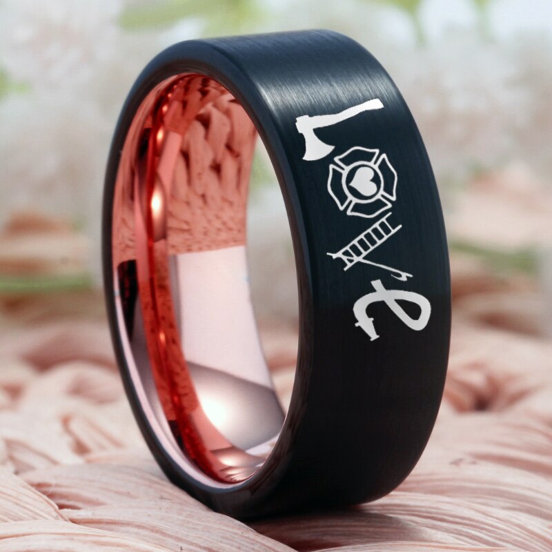 8mm Firefighter Love Design Black & Rose Gold Tungsten Men's Ring - Promise Rings
