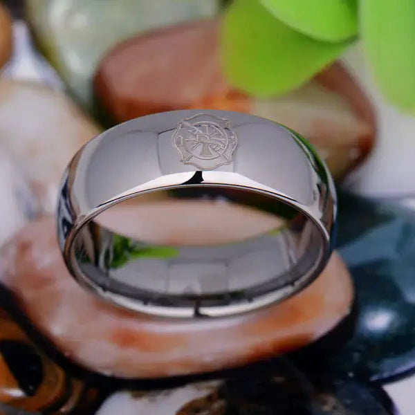 8mm Tungsten Firefighter Shield Fireman Domed Ring – Honor and Courage Symbolism (Men’s) - Promise Rings