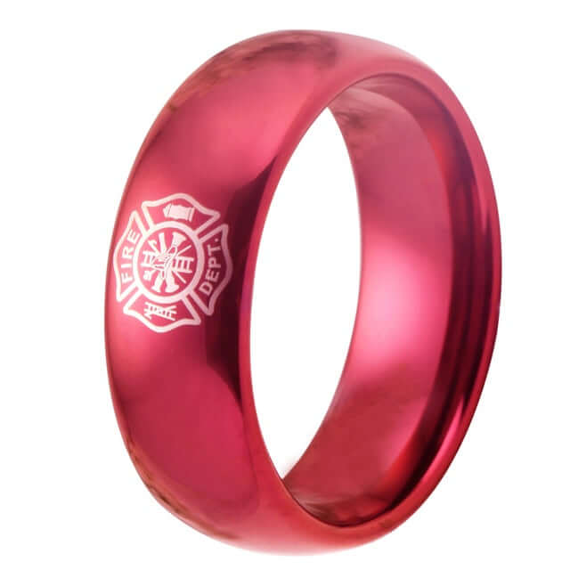 8mm Tungsten Red Firefighter Shield Ring – Tribute to Courage and Service (Men’s) - Promise Rings