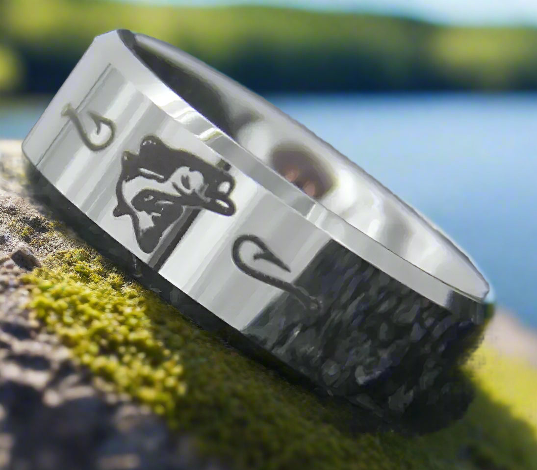 8mm Fish & Fishing Hooks Silver Beveled Edges Tungsten Men's Ring - Promise Rings