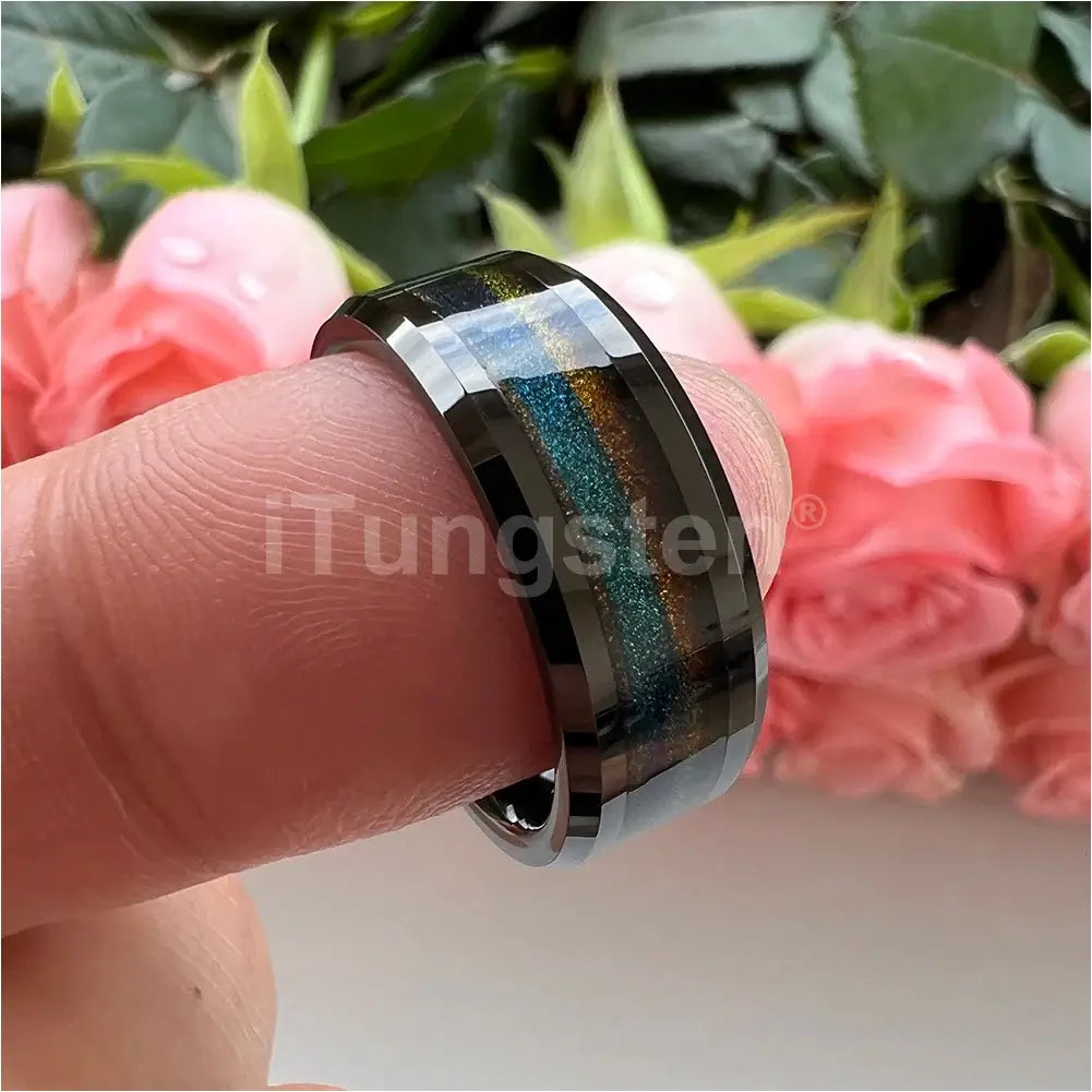 8mm Tungsten Black Polished Ring – Sand Inlay Design (Men’s) - Promise Rings