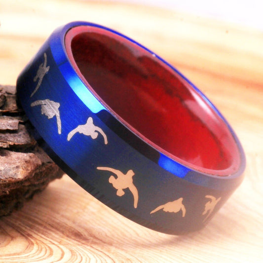 8mm Flying Ducks Blue & Wood Tungsten Men's Ring - Promise Rings