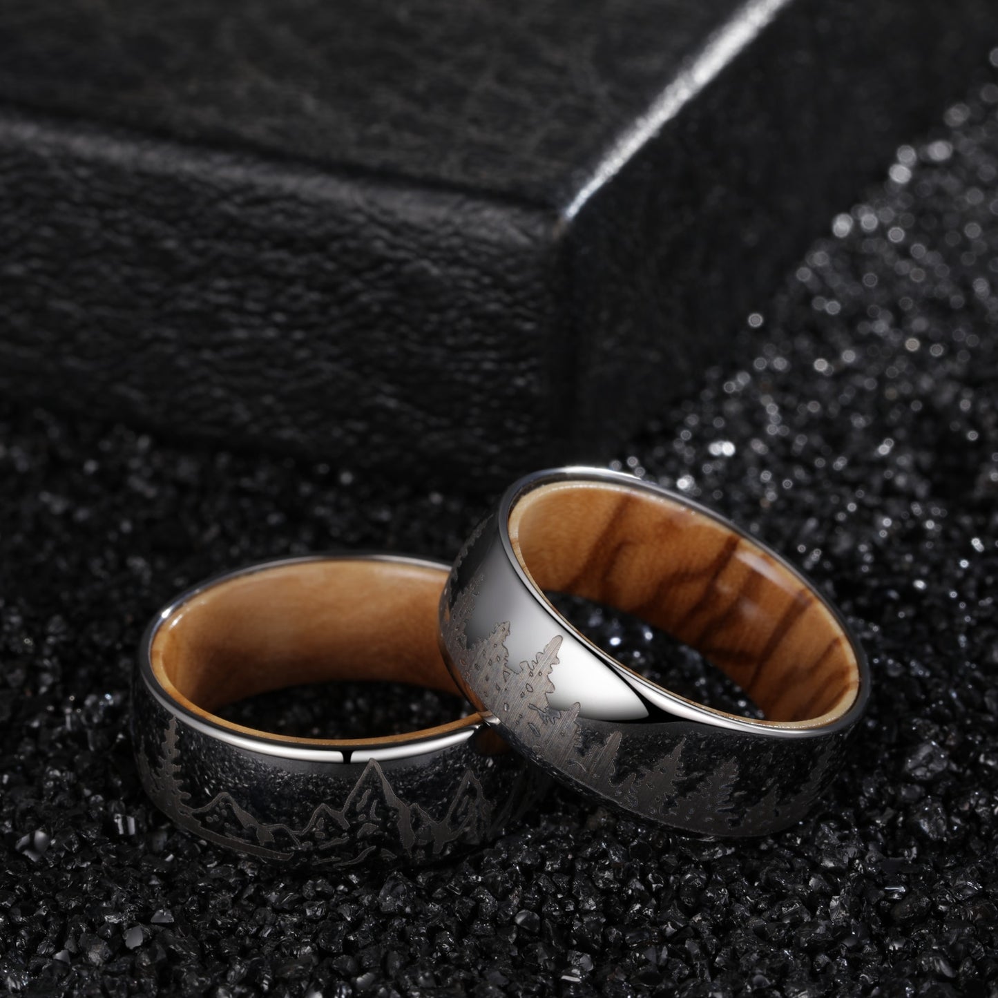 8mm Forest & Mountain Scene Silver Tungsten Ring – Whiskey Barrel Wood Inner Band (Men's) - Promise Rings
