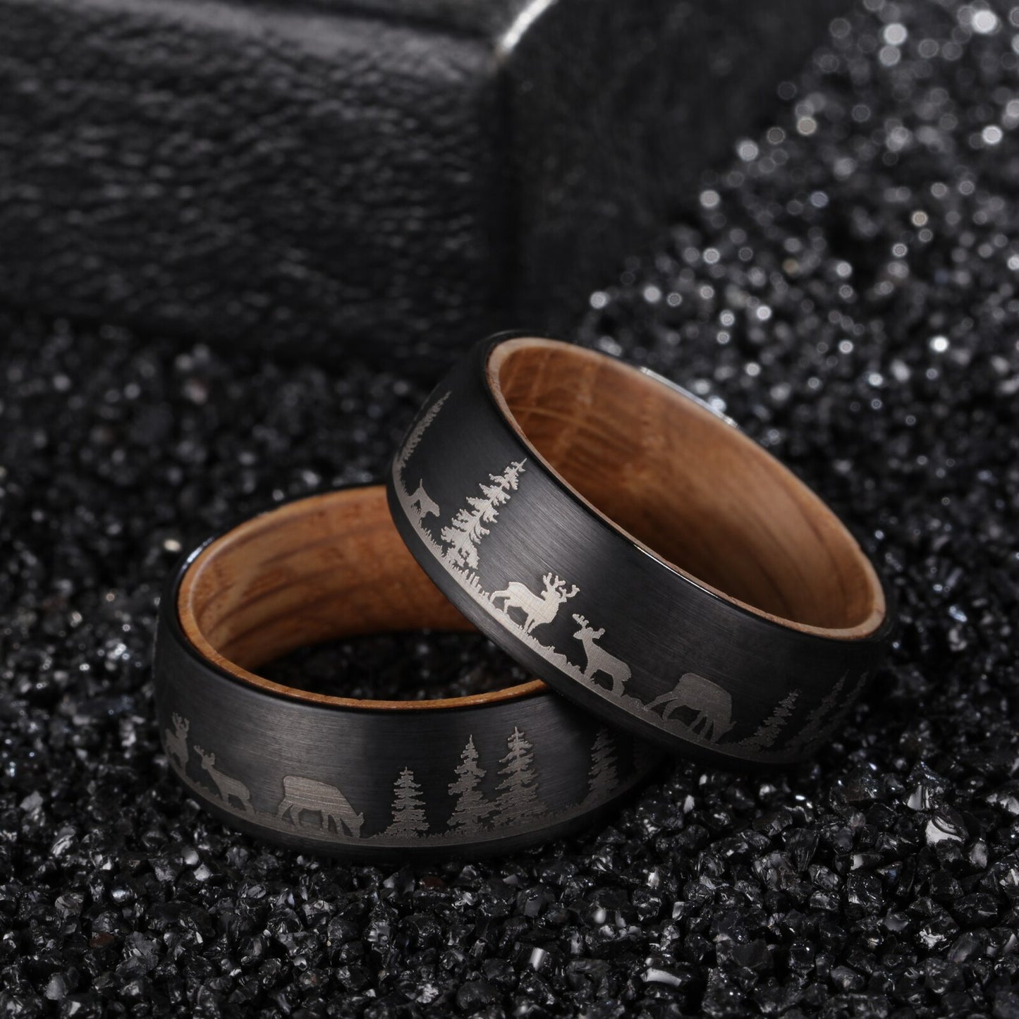 8mm Forest Pine Tree Landscape Whiskey Barrel Oak Tungsten Unisex Ring - Promise Rings