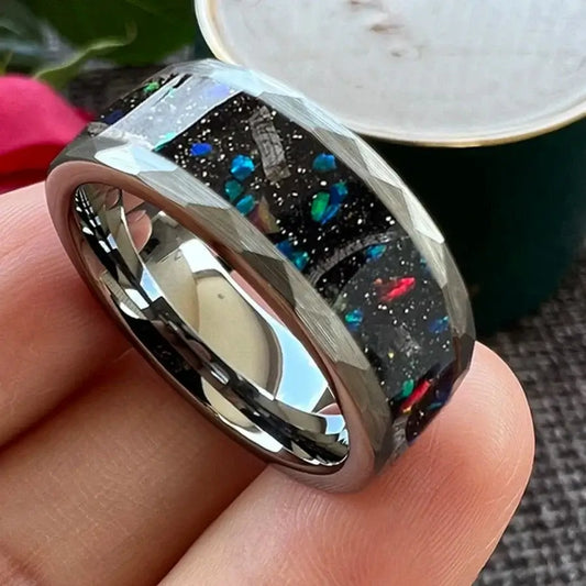 8mm Tungsten Galaxy Opal Inlay Ring – Hammered Edges Design (Men’s) - Promise Rings