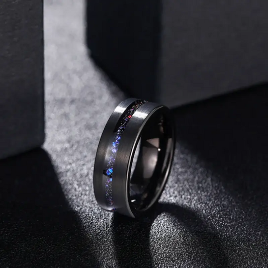 8mm Black Tungsten Galaxy Sandblasted Opal Inlay Ring – Copper Slag Design (Men’s) - Promise Rings