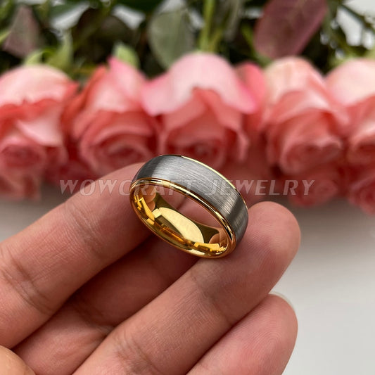 8mm Gold Color & Silver Brushed Tungsten Men's Ring - Promise Rings