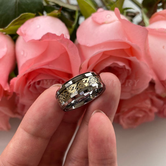 8mm Gold Dragon Black Carbon Fibre Inlay Silver Tungsten Men's Ring - Promise Rings