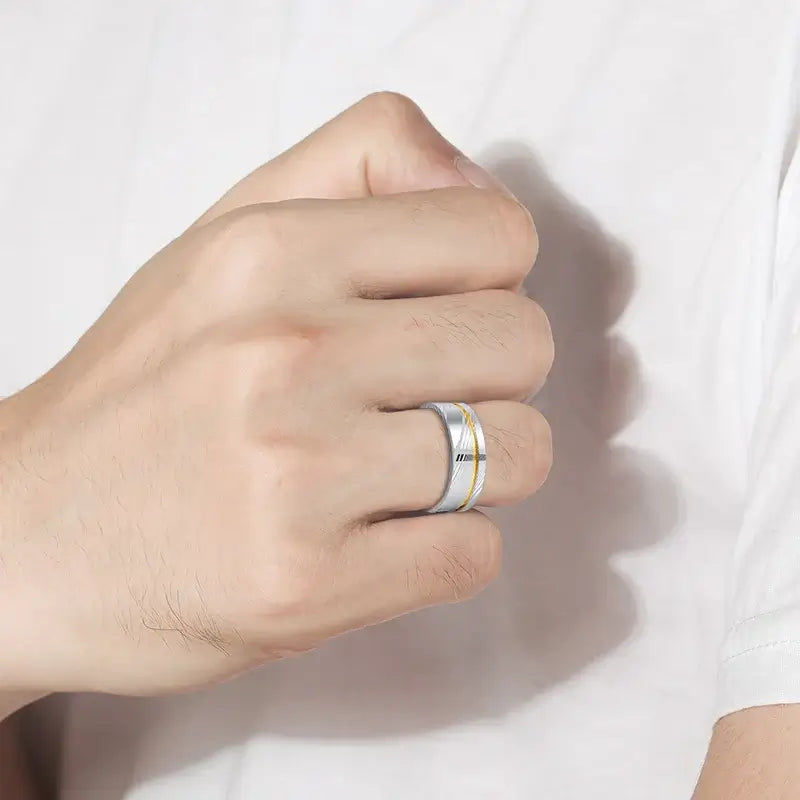 8mm Silver Damascus Steel Ring – Gold Line Accent (Men’s) - Promise Rings