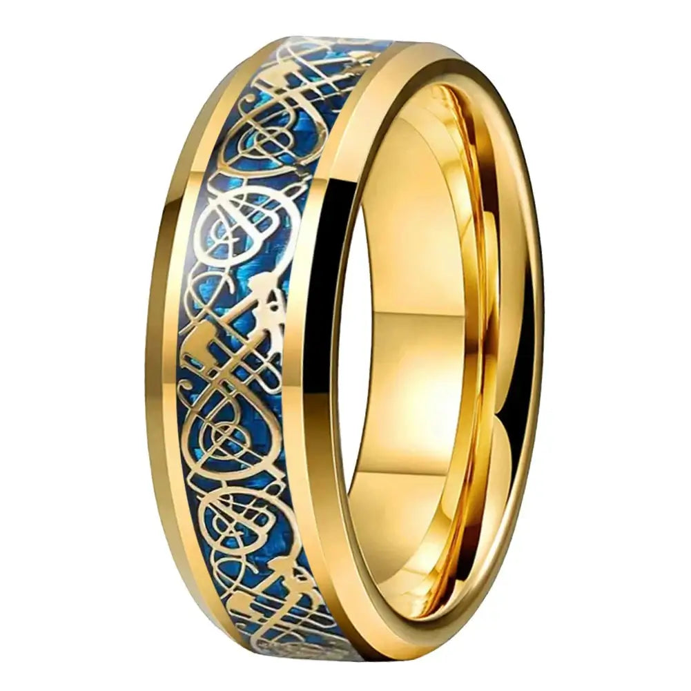 8mm Polished Gold Tungsten Golden Dragon Blue Carbon Fibre Ring – Bold Celtic Symbolism (Men’s) - Promise Rings