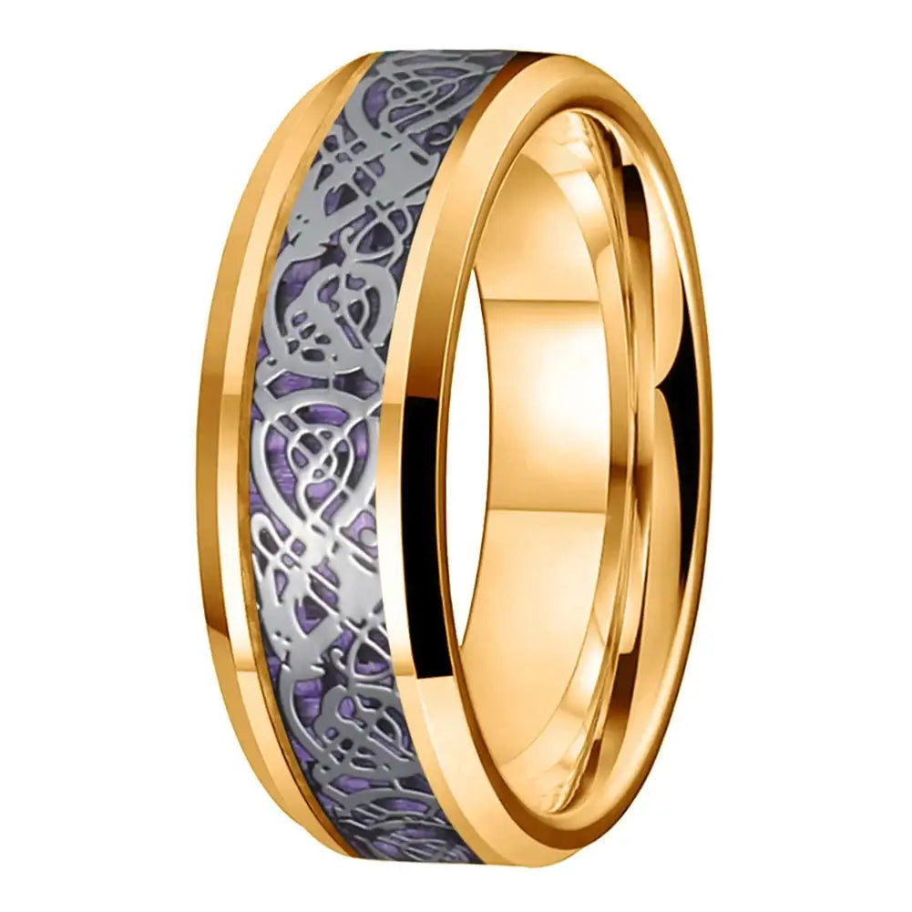 8mm Polished Gold Tungsten Golden Dragon Carbon Fibre Ring – Mythical Symbolism (Men’s) - Promise Rings