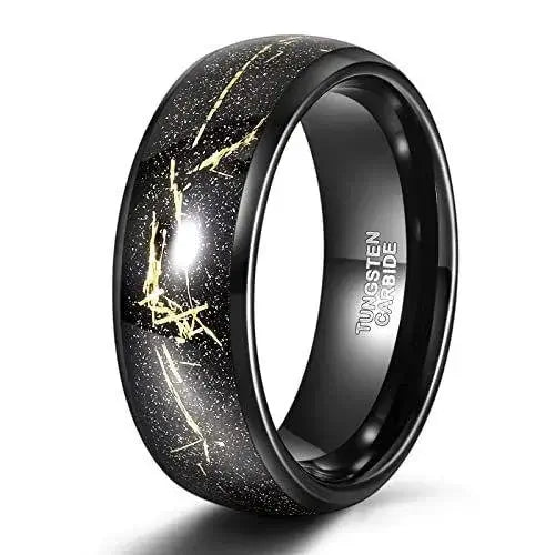 8mm Golden Flecks Black Tungsten Ring – Gold Foil & Gold String Styles (Men’s) - Promise Rings
