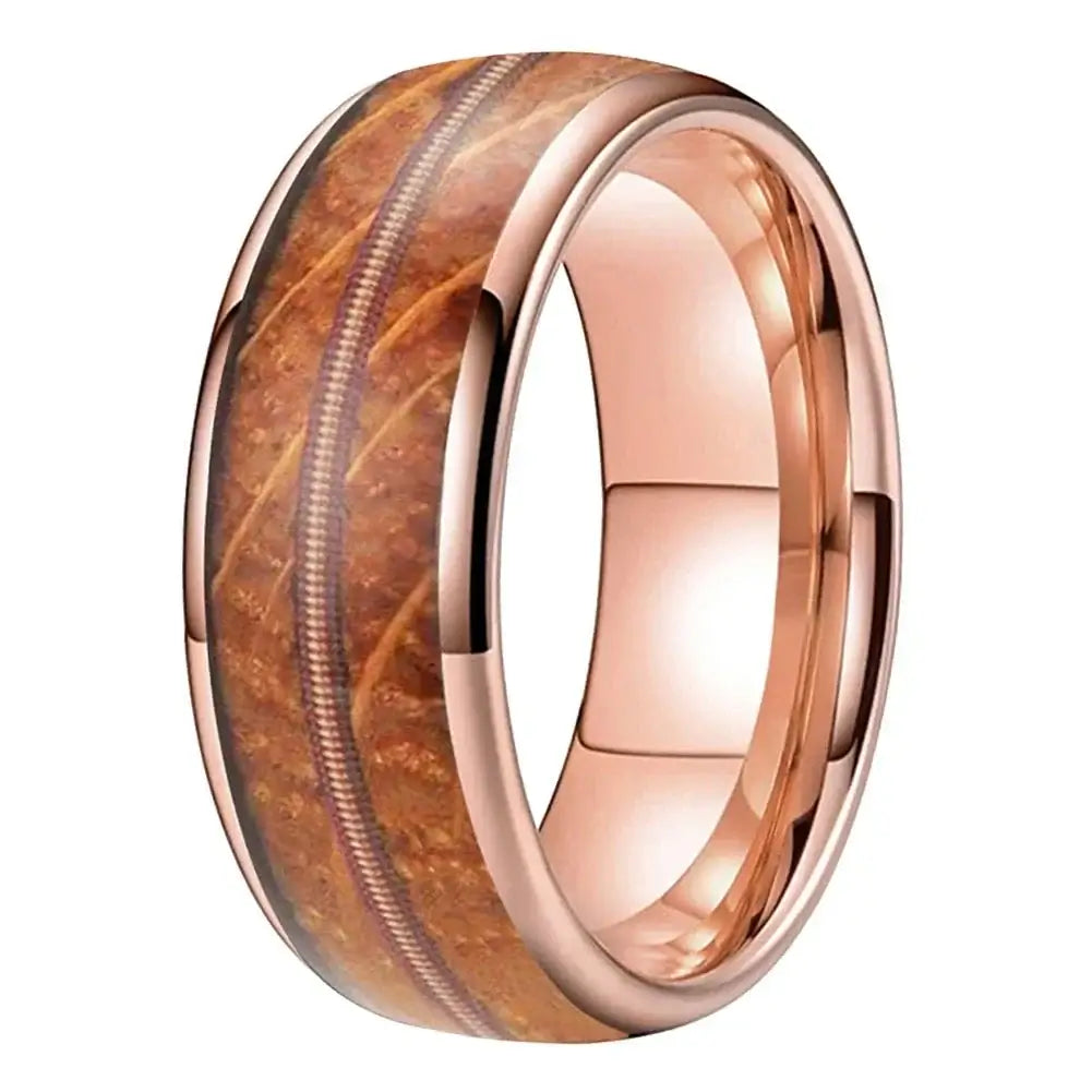 8mm Wood & Tungsten Ring – Golden Guitar String with Whisky Barrel Oak Wood Inlay (Men’s) - Promise Rings