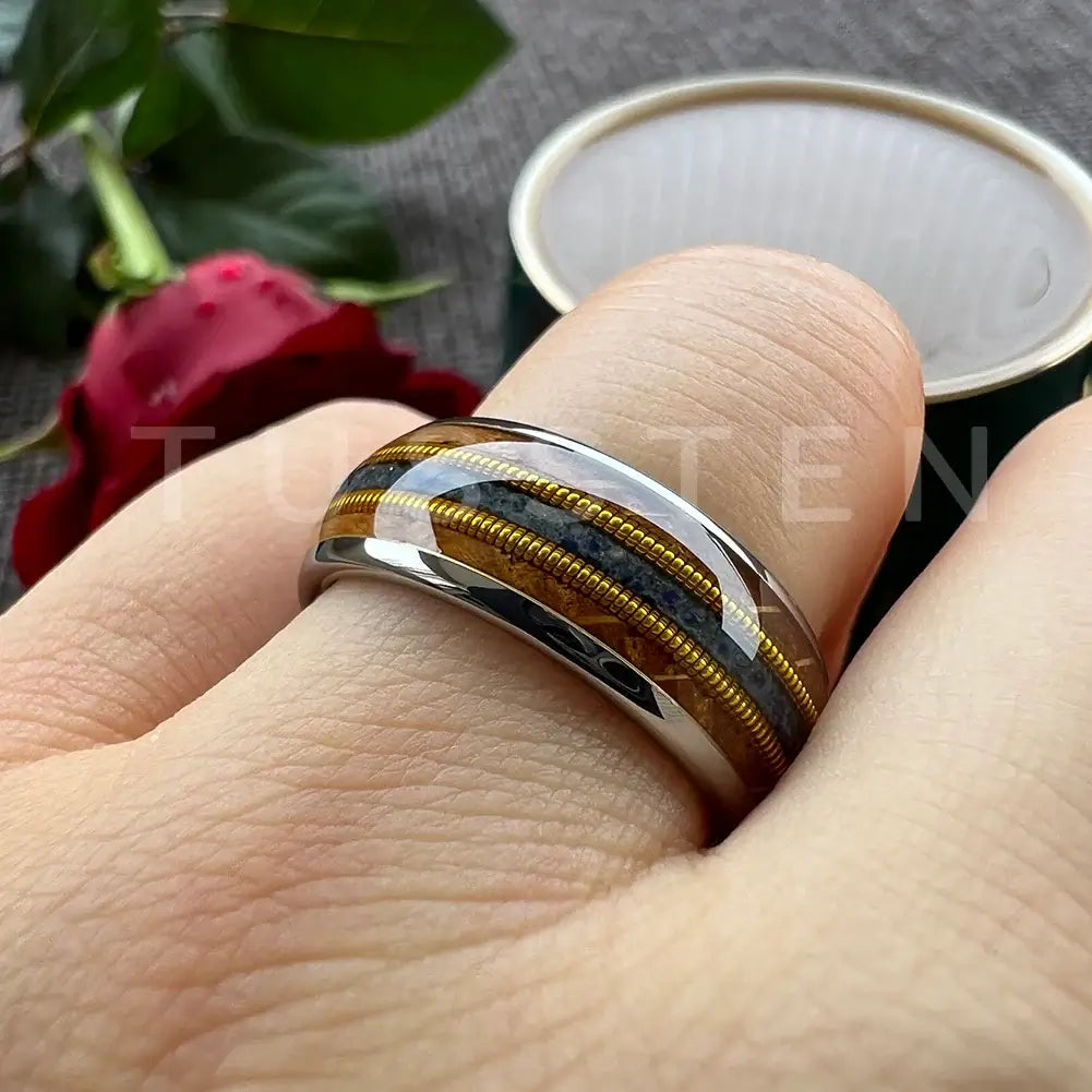 8mm Wood & Tungsten Ring – Golden Guitar Strings with Lapis and Whisky Barrel Oak Wood Inlay (Men’s) - Promise Rings