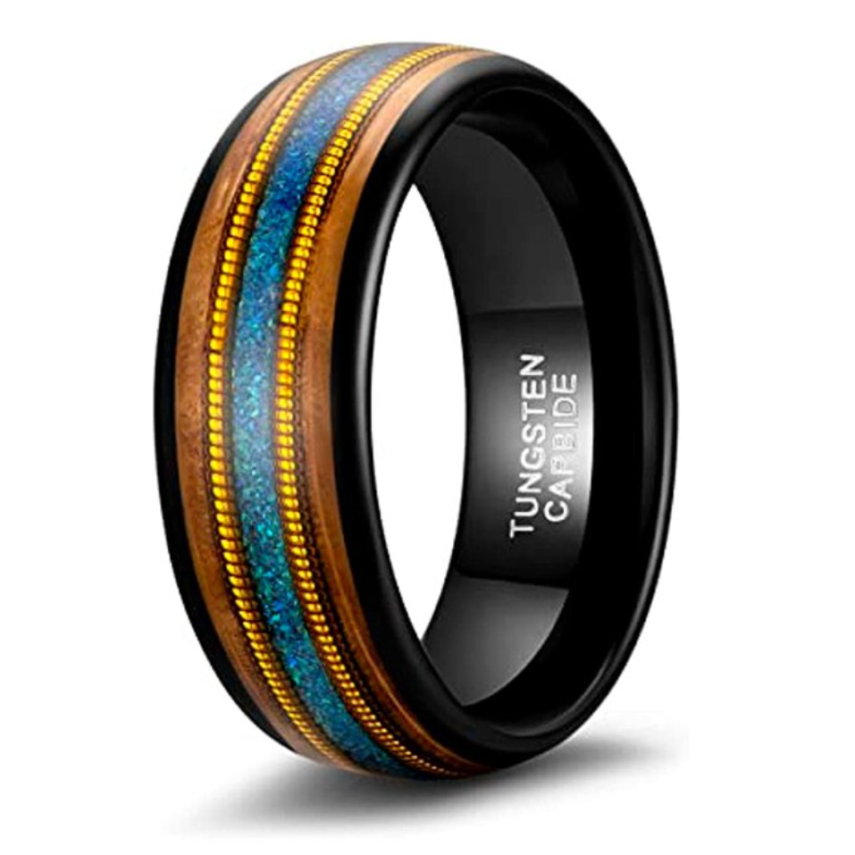 8mm Green or Blue Opal, Guitar Strings & Whiskey Wood Tungsten Men's Rings - Promise Rings