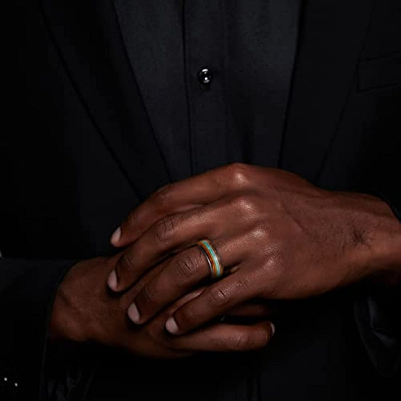 8mm Green or Blue Opal, Guitar Strings & Whiskey Wood Tungsten Men's Rings - Promise Rings