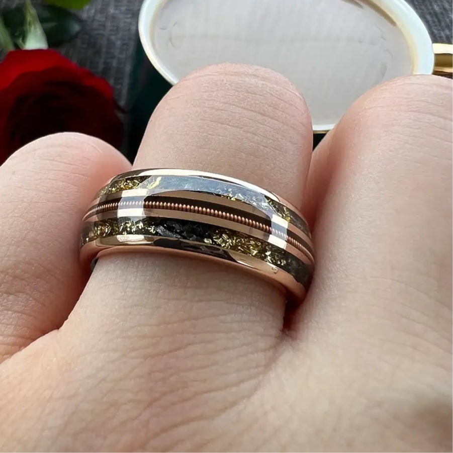 8mm Tungsten Meteorite Guitar String Inlay Ring – Harmony and Strength in Love (Men’s) - Promise Rings