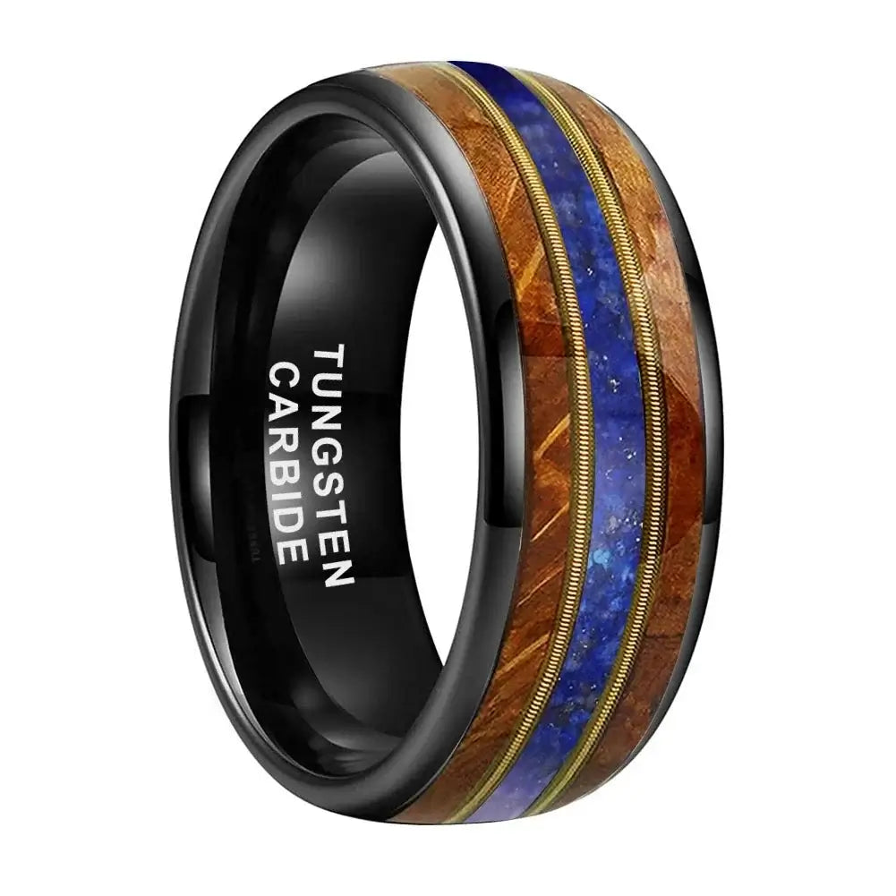 8mm Guitar String Lapis Inlay Whisky Wood Tungsten Ring – Unique Natural Elements Design (Men's) - Promise Rings