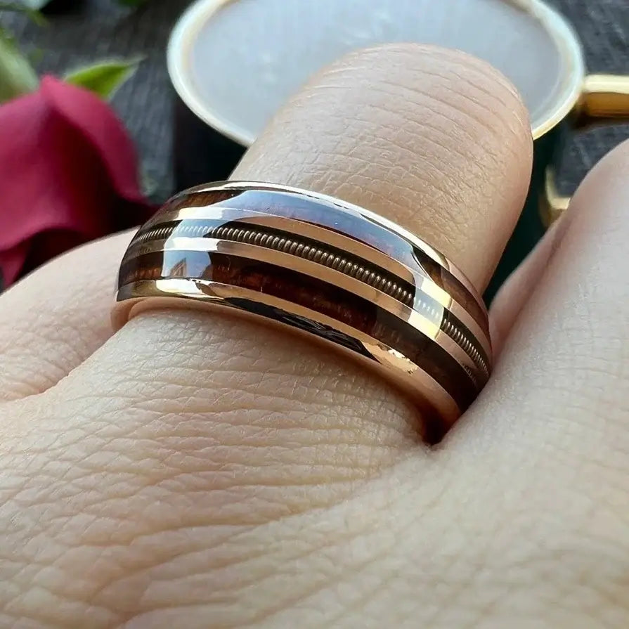 8mm Rose Gold Tungsten Ring – Wood and Guitar String Inlay Design (Men’s) - Promise Rings