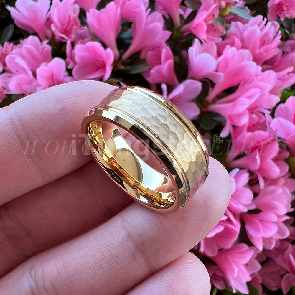 8mm Hammered Gold-Tone Tungsten Ring – Textured Brushed Finish (Men's) - Promise Rings