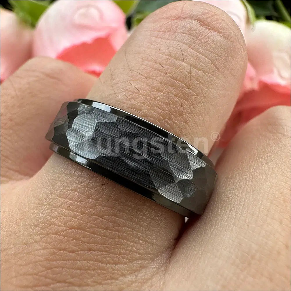 8mm Titanium Black Spinner Ring – Hammered Rotatable Design (Unisex) - Promise Rings