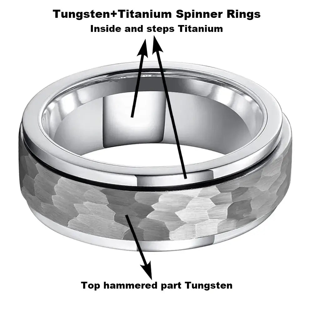 8mm Titanium Silver Spinner Ring – Hammered Rotatable Design (Unisex) - Promise Rings