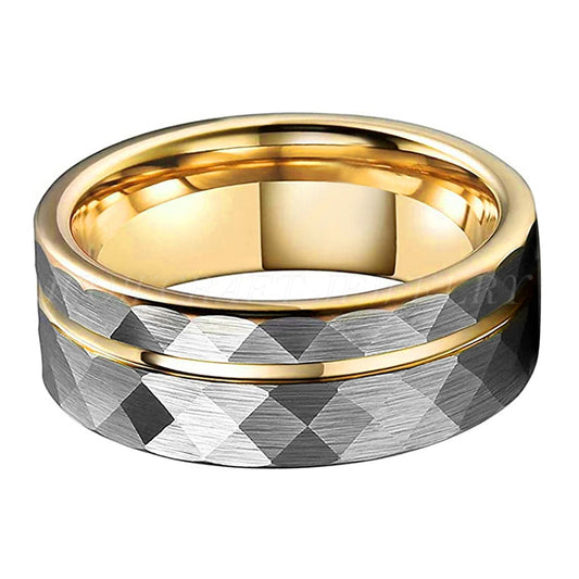 8mm Hammered Silver & Gold Off-Set Groove Tungsten Men's Ring - Promise Rings
