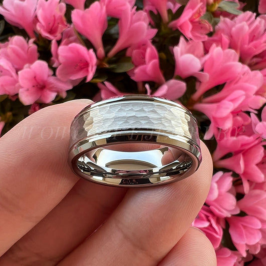 8mm Hammered Silver Unisex Tungsten Ring - Promise Rings