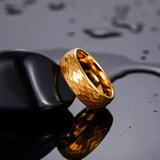 8mm Tungsten Honey Gold Hammered Pattern Ring – Bold Texture and Warm Tone Design (Men’s) - Promise Rings
