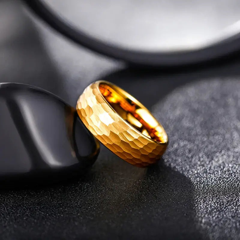 8mm Tungsten Honey Gold Hammered Pattern Ring – Bold Texture and Warm Tone Design (Men’s) - Promise Rings