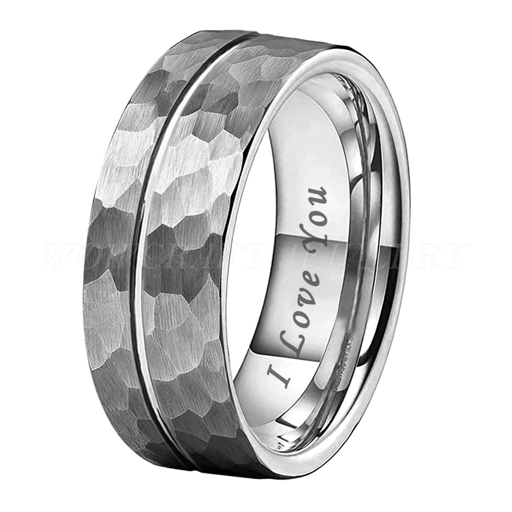 8mm I Love You Engraved Hammered Black & Silver Tungsten Men's Ring - Promise Rings