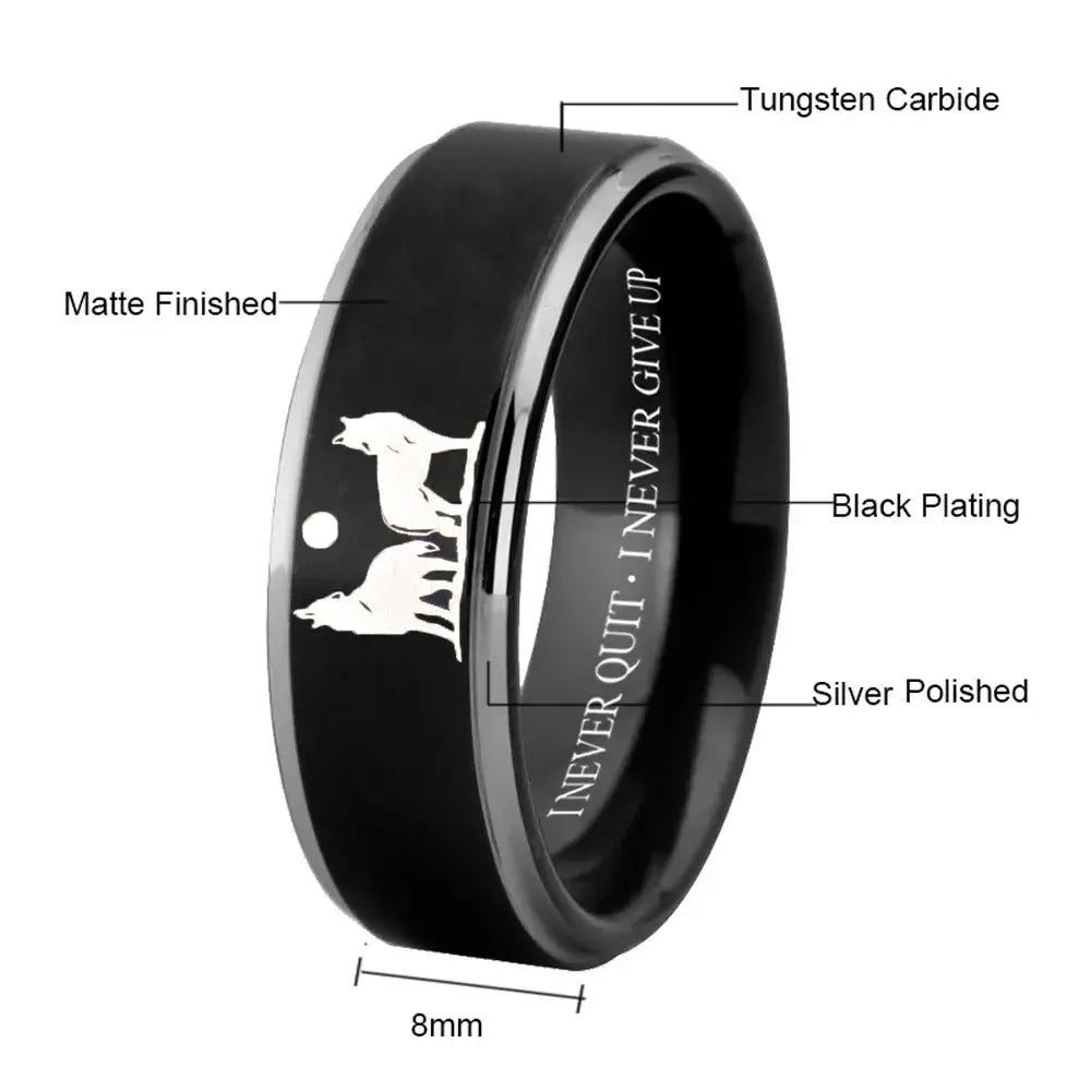 8mm Tungsten Never Quit Wolf Ring – Strength, Perseverance & Courage (Men’s) - Promise Rings