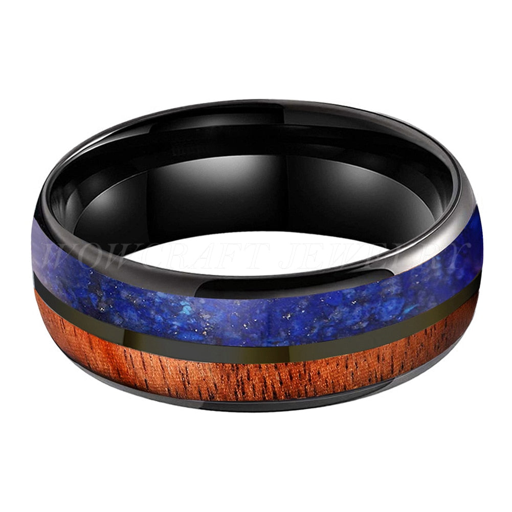 8mm Koa Wood & Lapis Lazuli Inlay Dome Black Tungsten Men's Ring - Promise Rings