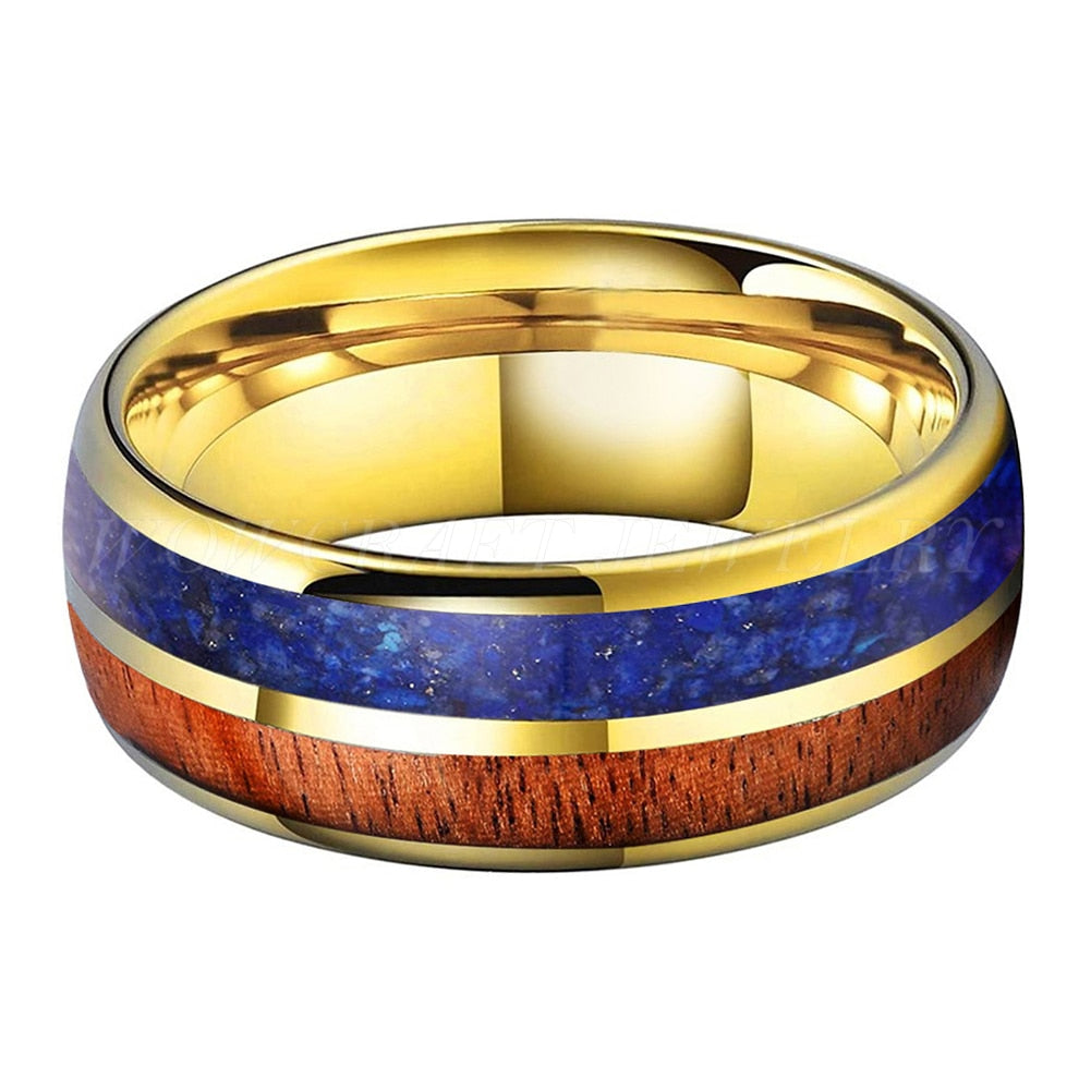 8mm Koa Wood Lapis Lazuli Inlay Gold Color Men's Ring - Promise Rings
