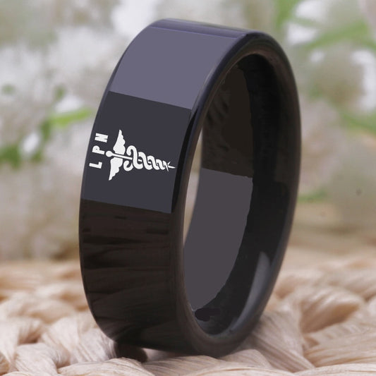 8mm Black Tungsten LPN Ring – Licensed Practical Nurse Symbol (Unisex) - Promise Rings