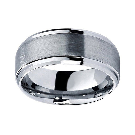 8mm Matte Bushed & Beveled Edges Silver Men's Tungsten Ring - Promise Rings