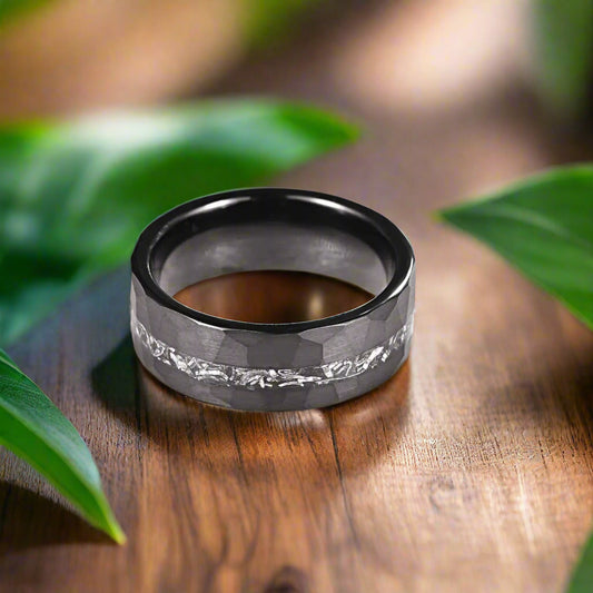 8mm Meteorite Black Tungsten Ring – Hammered Matte Finish (Men’s) - Promise Rings