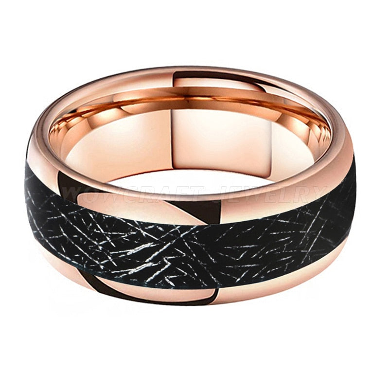 8mm Meteorite Domed Rose Gold Tungsten Black & Rose Gold Men's Ring - Promise Rings