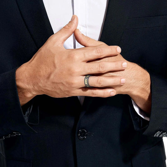 8mm Meteorite Gold Foil Hammered Black Tungsten Ring – Rose Gold Line Accent (Men’s) - Promise Rings