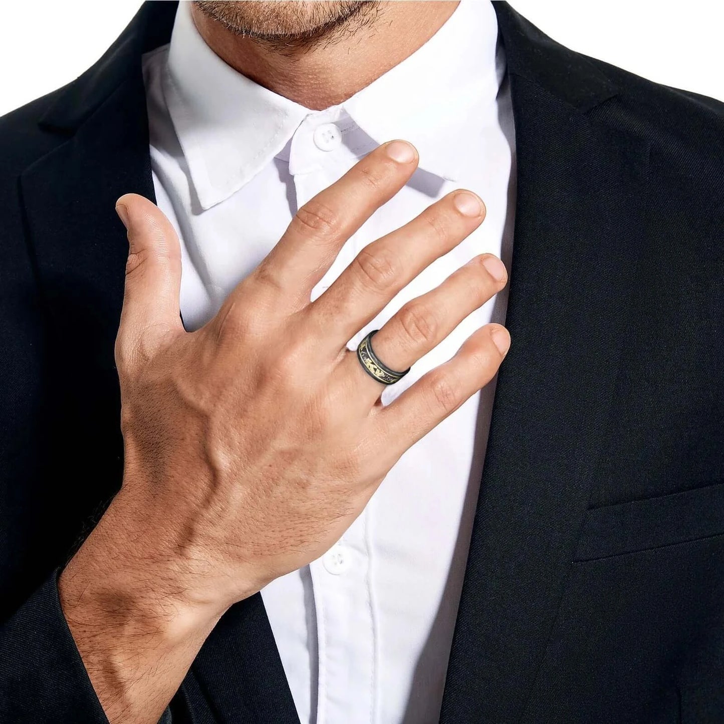 8mm Meteorite Gold Foil Hammered Black Tungsten Ring – Rose Gold Line Accent (Men’s) - Promise Rings