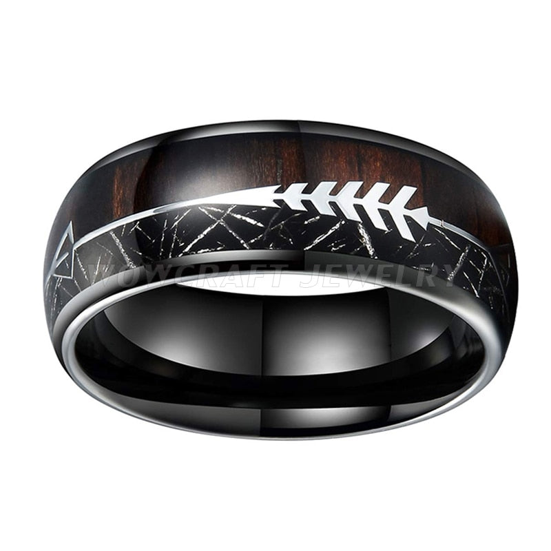 8mm Meteorite Koa Wood Steel Arrow Inlay Black Tungsten Men's Ring - Promise Rings