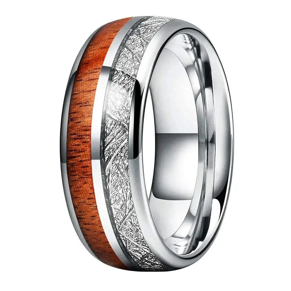 8mm Tungsten Meteorite Wood Inlay Ring – Symbol of Nature and Strength (Men's) - Promise Rings
