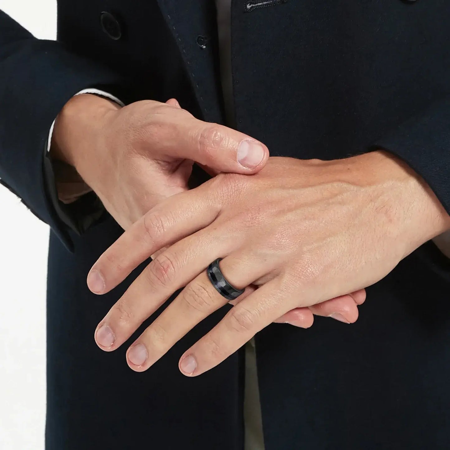 8mm Black Tungsten Ring – Hammered Blue Sandstone Inlay with Comfort Fit (Men’s) - Promise Rings