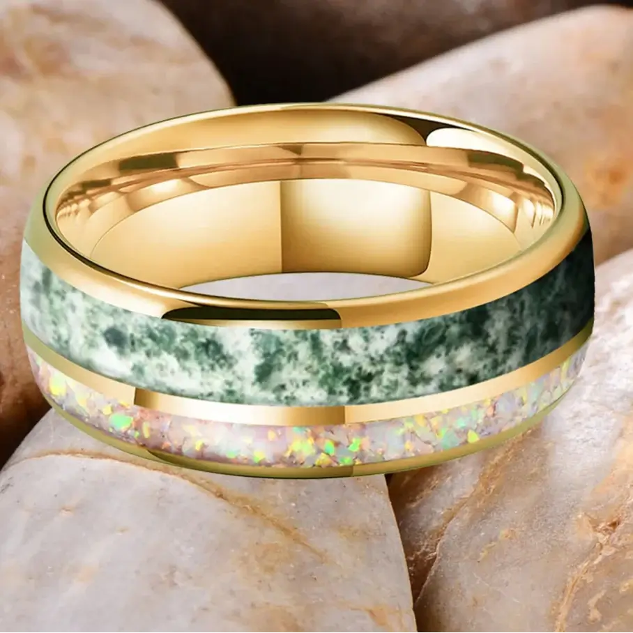 8mm Tungsten Gold Ring – Moss Agate & White Opal Inlay (Unisex) - Promise Rings